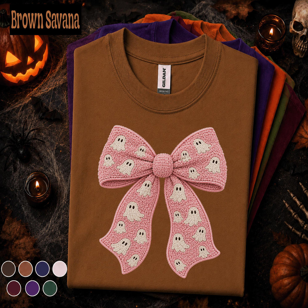 Pink Ghost Bow Halloween Shirt, Coquette Spooky Season Tee, Cute Crochet Ghost Shirt, Girly Halloween Bow Tee, Boo Gift for Women