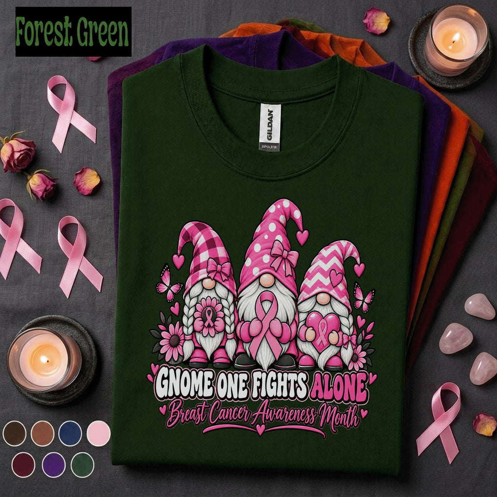 Breast Cancer Awareness Shirt, Gnome One Fights Alone Tee, Pink Ribbon Gnome Shirt, October Support Gift, Cancer Warrior Women Tee