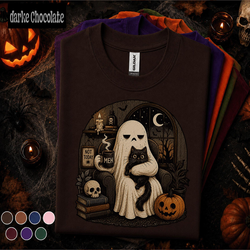 Not Today Ghost Halloween Shirt, Black Cat Ghost Tee, Funny Introvert Spooky T Shirt, Moody Halloween Tee, Cozy Goth Fall Gift