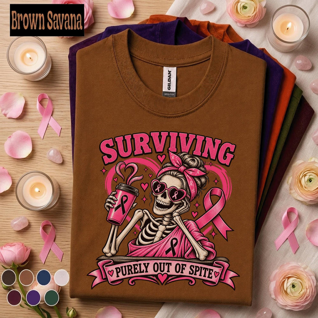 Breast Cancer Survivor Shirt, Surviving Purely Out of Spite Tee, Pink Ribbon Skeleton Shirt, Funny October Awareness Gift for Women