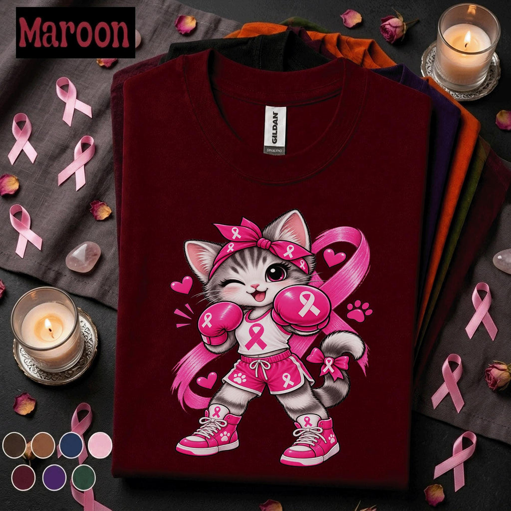 Breast Cancer Awareness Shirt, Cute Boxing Cat Pink Ribbon Tee, Cancer Fighter Support Shirt, Pink October Warrior Gift for Women Tee