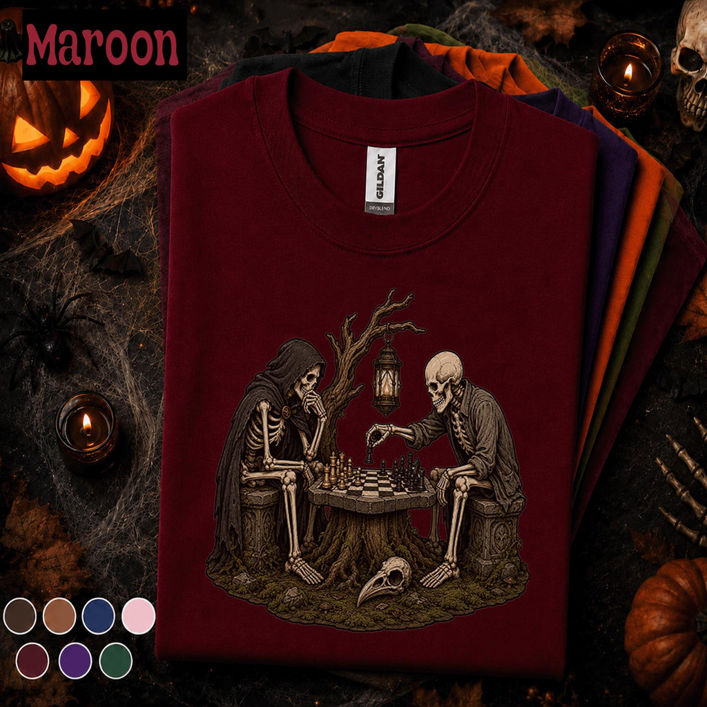 Skeleton Chess Halloween Shirt, Gothic Chess Player Tee, Spooky Skeleton Graphic Shirt, Dark Academia Gift, Vintage Halloween Chess Tee