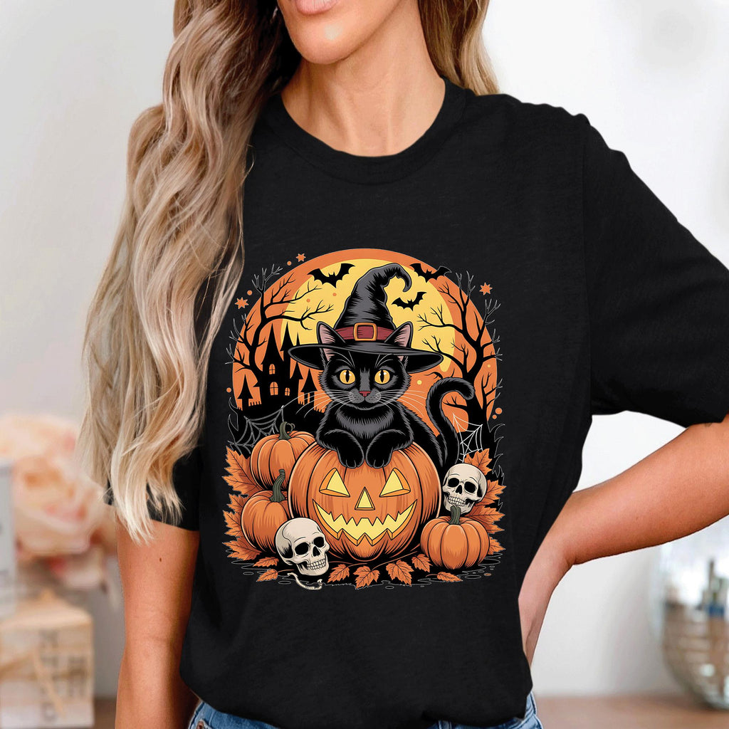 Halloween witch cat shirt pumpkins, skulls, haunted castle, flying bats and spooky night background, Black Cat Halloween Sweatshirt Gift