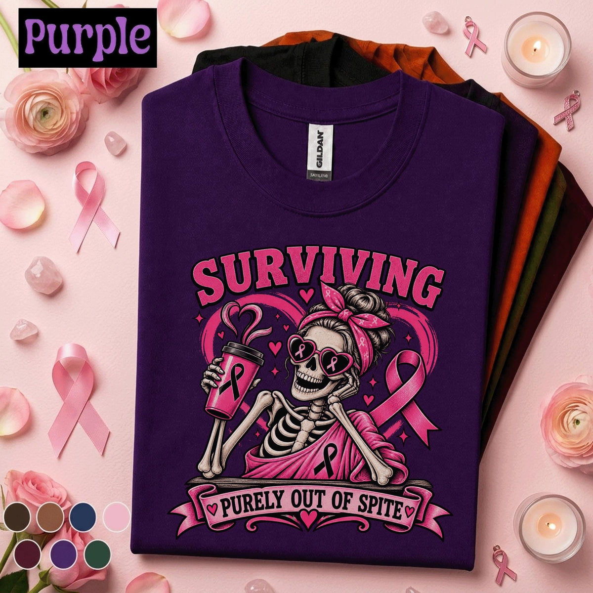 Breast Cancer Survivor Shirt, Surviving Purely Out of Spite Tee, Pink Ribbon Skeleton Shirt, Funny October Awareness Gift for Women