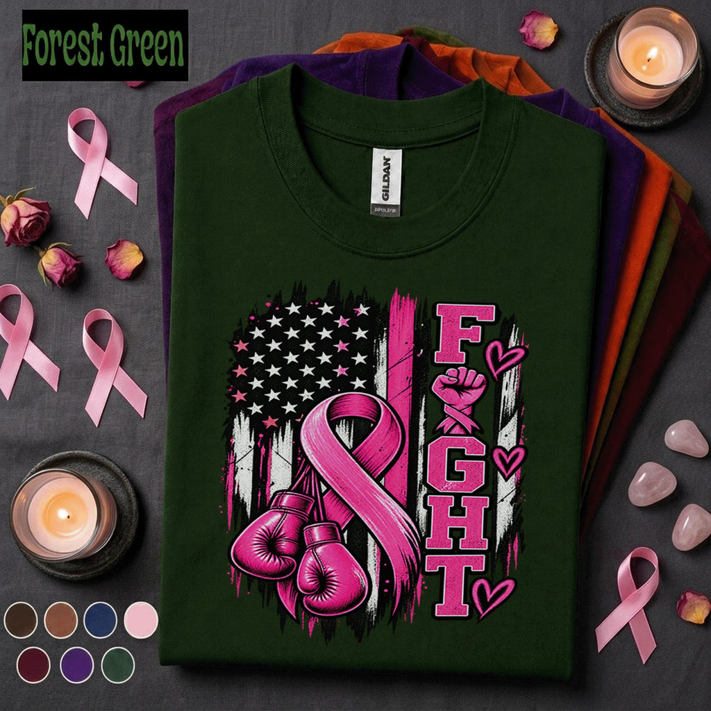 Breast Cancer Awareness Shirt, Fight Pink Ribbon Tee, Boxing Gloves Fighter Shirt, American Flag October Support Survivor Gift Women