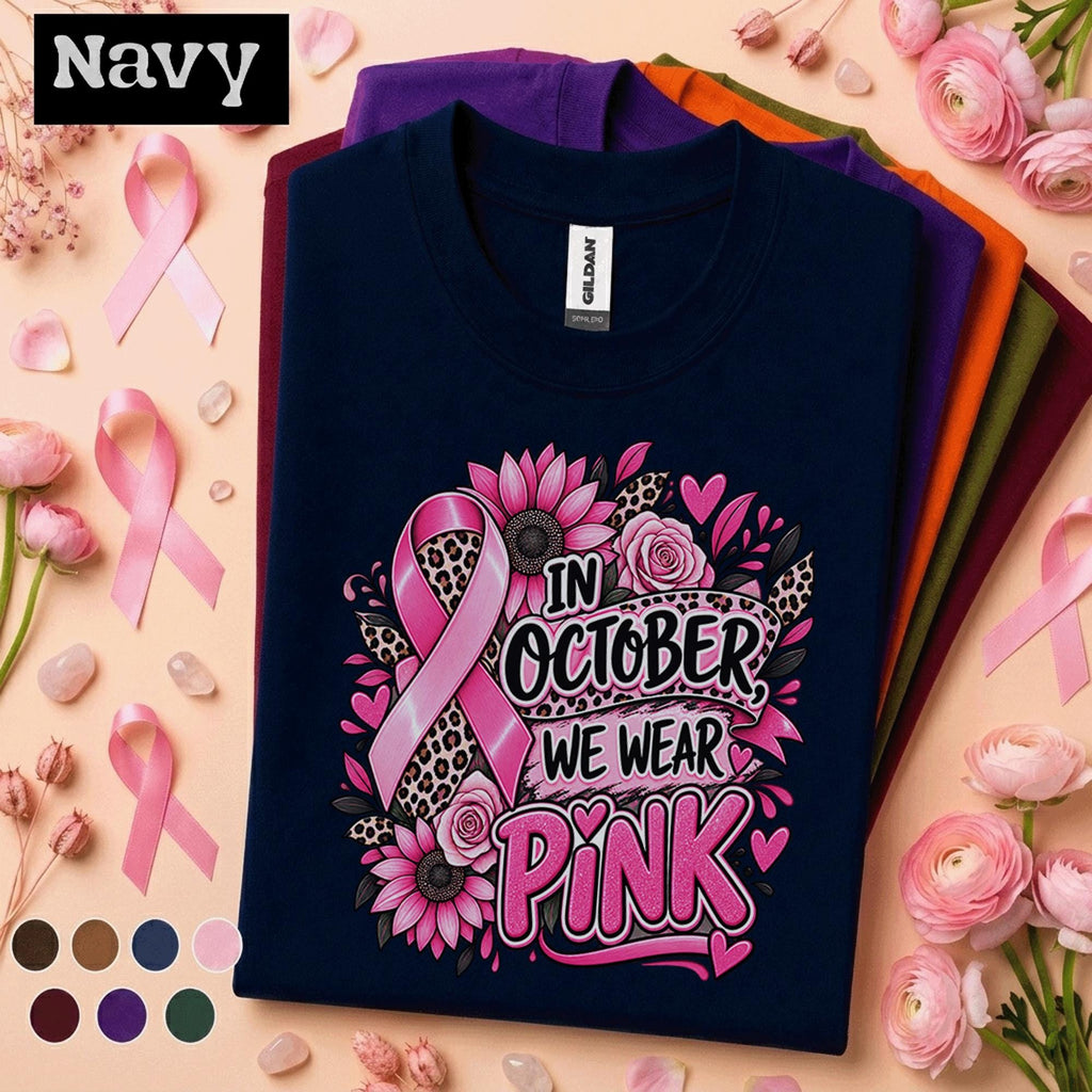 Breast Cancer Awareness Shirt, In October We Wear Pink Tee, Pink Ribbon Leopard Floral Shirt, Survivor Fighter Support Gift for Women