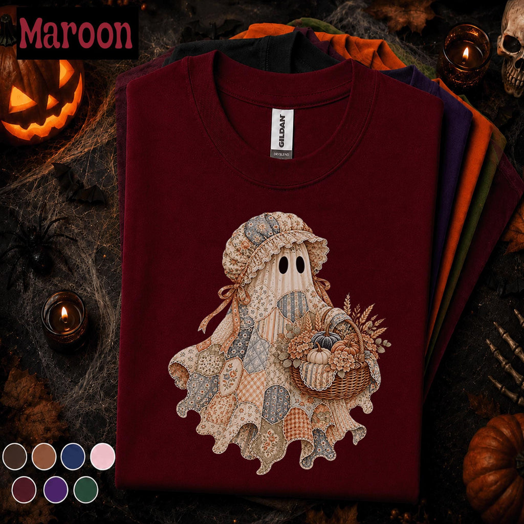 Patchwork Ghost Halloween Shirt, Cottagecore Pumpkin Ghost Tee, Vintage Quilt Spooky Season Shirt, Cozy Fall Halloween Gift for Women