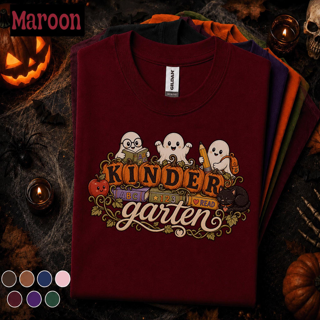 Kinder Garden Halloween Shirt, Cute Ghost Teacher Tee, Kindergarten Teacher Gift, Spooky School Shirt, Fall Classroom Halloween Tee