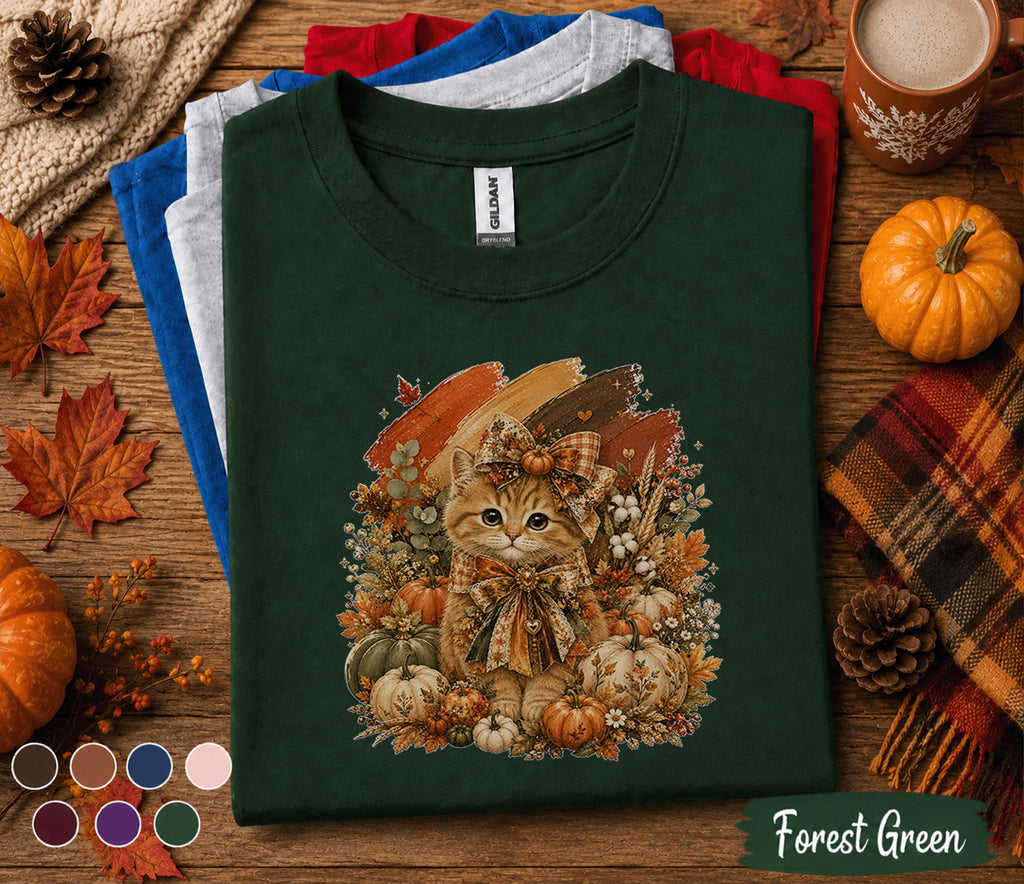 Cute Fall Kitten Shirt, Autumn Pumpkin Cat Tee, Cozy Cottagecore Kitty T-Shirt, Thanksgiving Cat Lover Gift, Harvest Season Outfit for Women