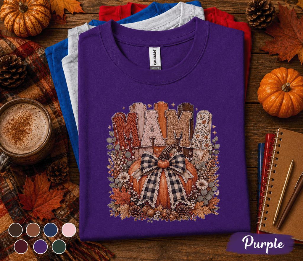 Mama Fall Shirt, Cozy Pumpkin Mama Sweatshirt, Autumn Harvest Floral Tee, Thanksgiving Mom Gift, Cute Rustic Pumpkin Bow Shirt for Women