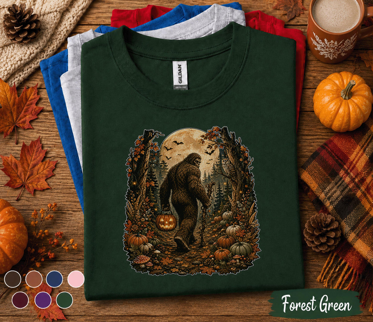 Bigfoot Halloween Fall Shirt, Sasquatch Pumpkin Tee, Spooky Autumn Forest T-Shirt, Cryptid Moon Night Shirt, Cozy Halloween Gift Men Women
