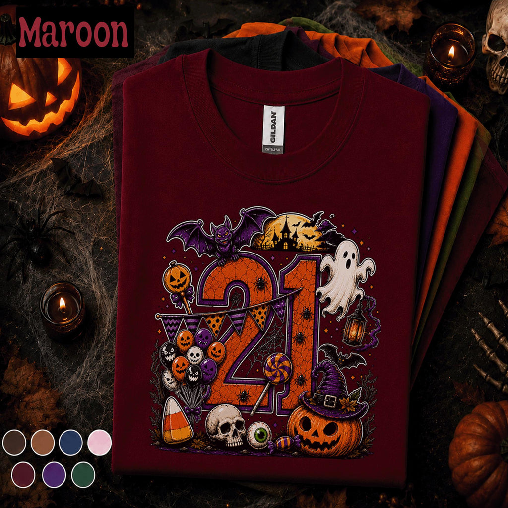 21st Birthday Halloween Shirt, Spooky Number 21 Tee, October Birthday Party Shirt, Ghost Pumpkin Witch Halloween Gift for Women Men