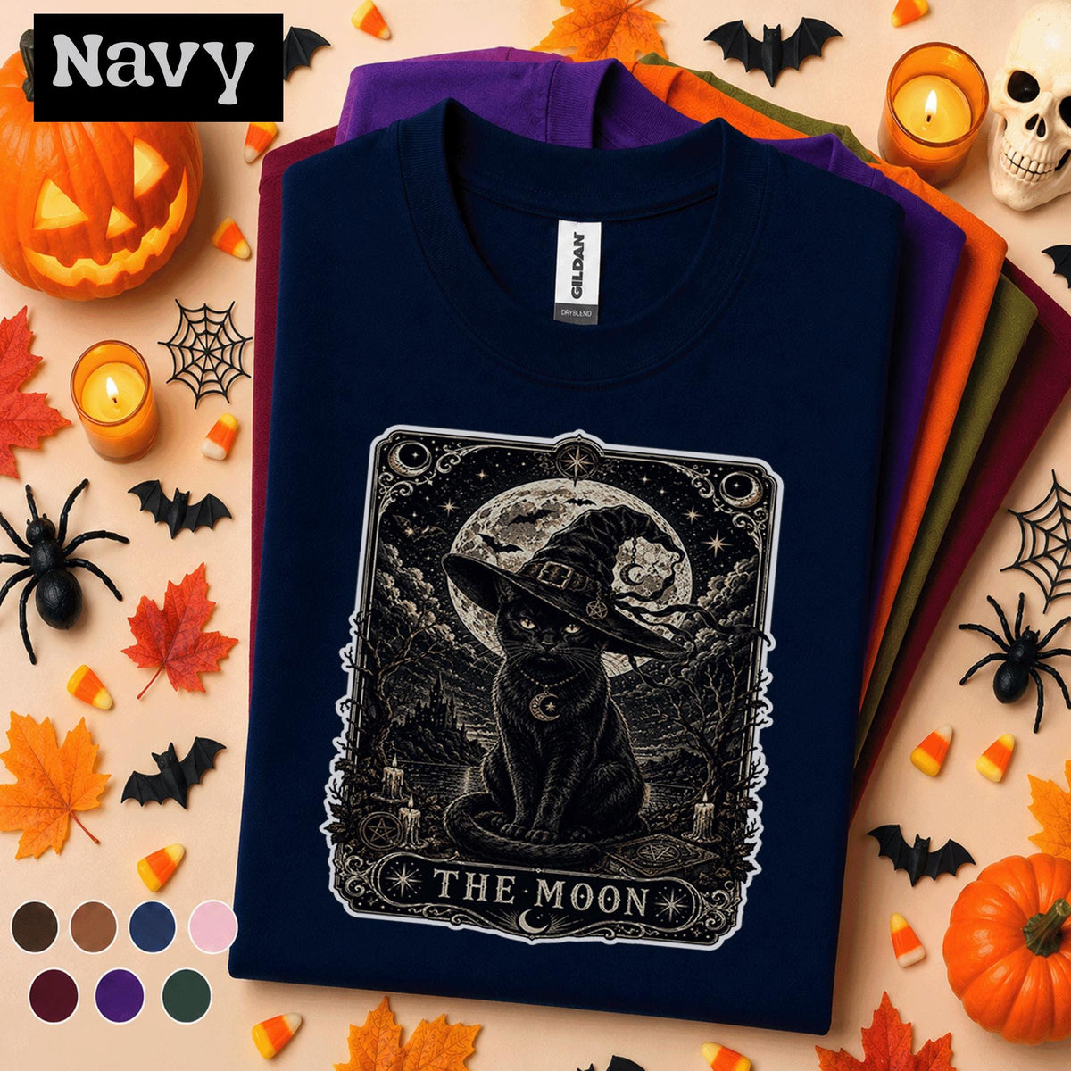 Black Cat Halloween Shirt, Witch Cat Tarot T Shirt, The Moon Spooky Tee, Gothic Celestial Shirt, Witchy Cat Lover Halloween Gift