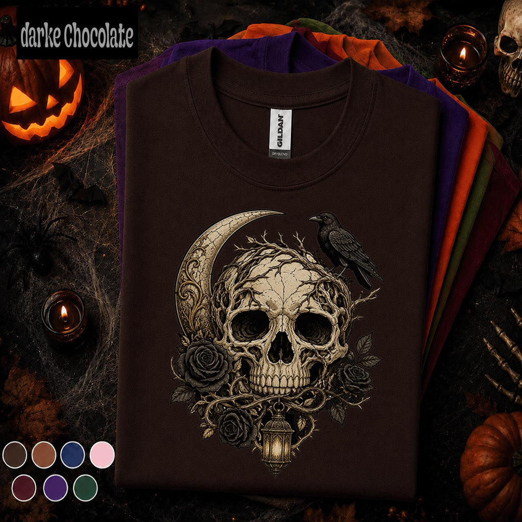 Gothic Skull Halloween Shirt, Raven Crescent Moon Tee, Dark Floral Skeleton Shirt, Spooky Witchy Tee, Gothic Halloween Gift