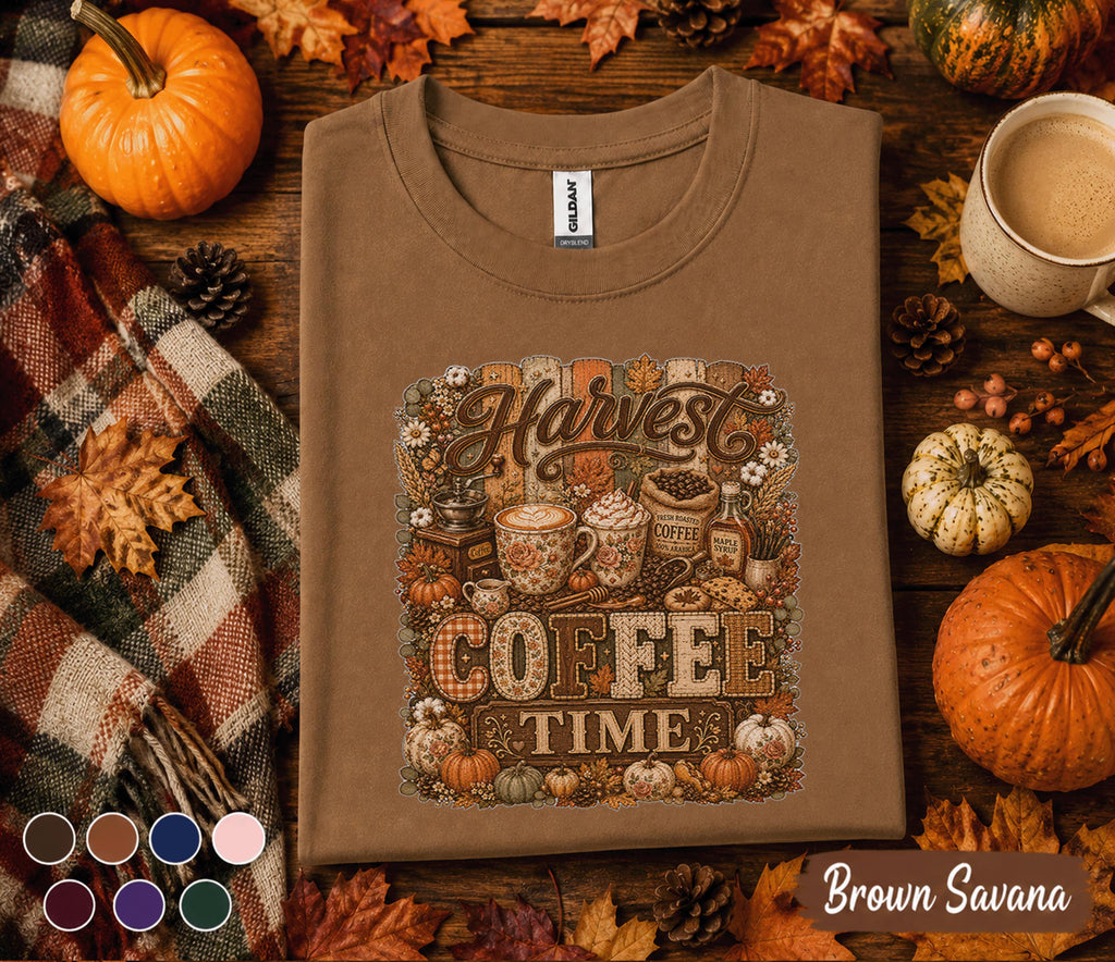Harvest Coffee Time Shirt Fall Coffee Lover Tee Pumpkin Spice Autumn Shirt Cozy Cafe Thanksgiving Gift for Women