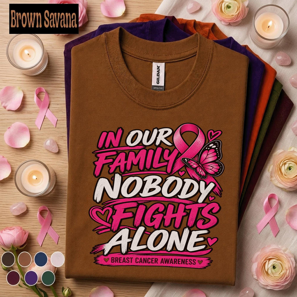 Breast Cancer Awareness Shirt, Nobody Fights Alone Family Tee, Pink Ribbon Butterfly Shirt, Support Squad Gift for Women Pink October