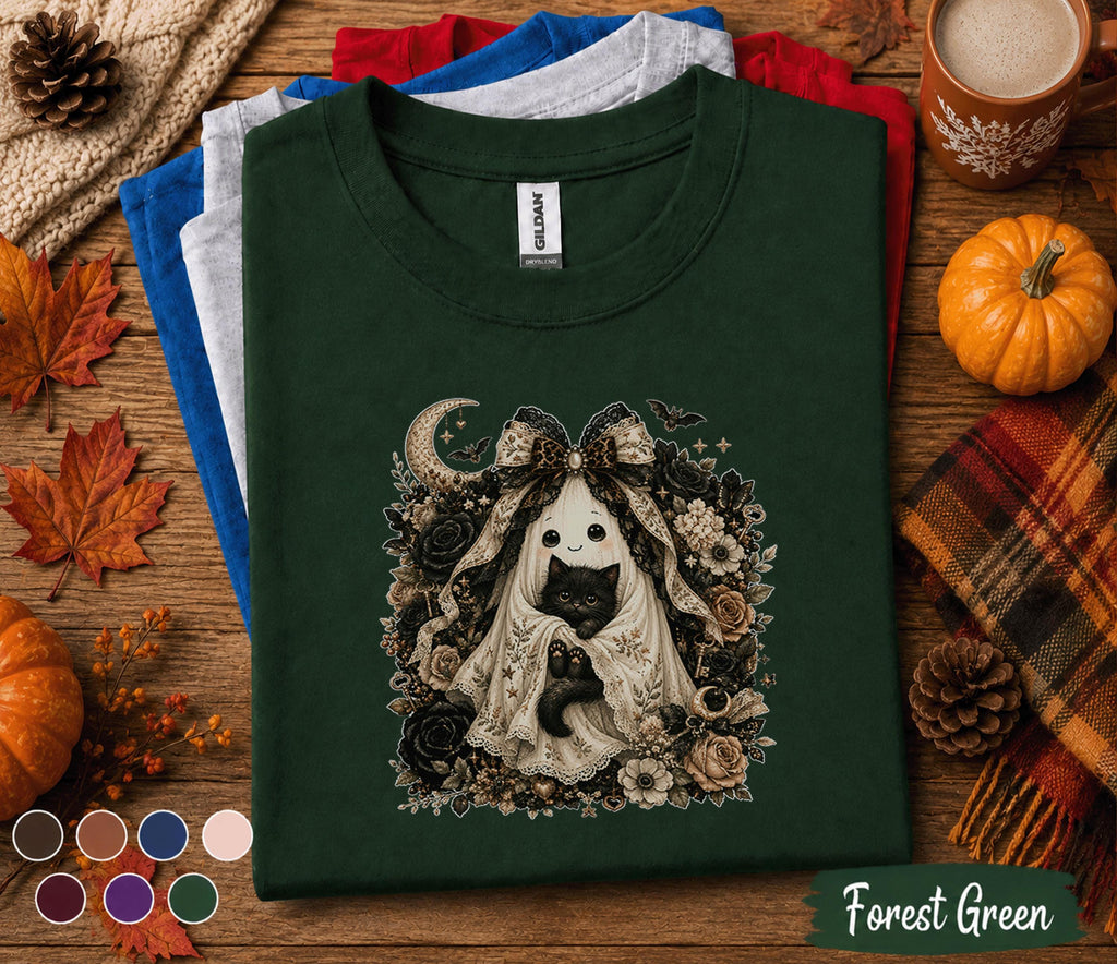 Cute Ghost Cat Halloween Shirt, Black Kitten Boo Tee, Spooky Floral Ghost T-Shirt, Gothic Autumn Cat Lover Gift, Witchy Fall Shirt