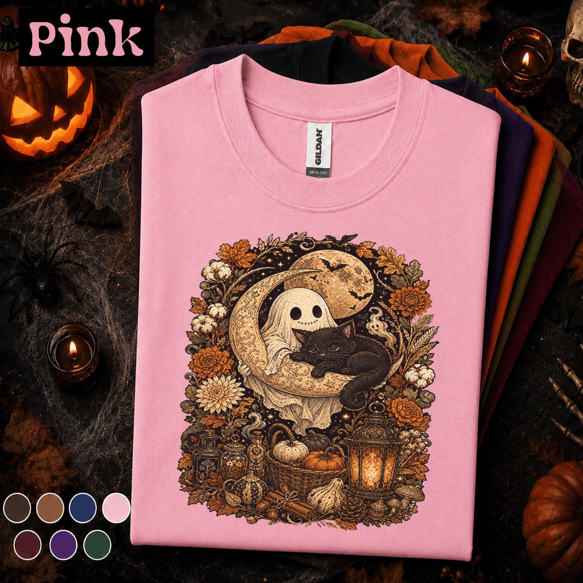 Cute Ghost Black Cat Halloween Shirt, Crescent Moon Spooky Tee, Vintage Autumn Floral, Cozy Witchy Fall Shirt, Cat Lover Gift