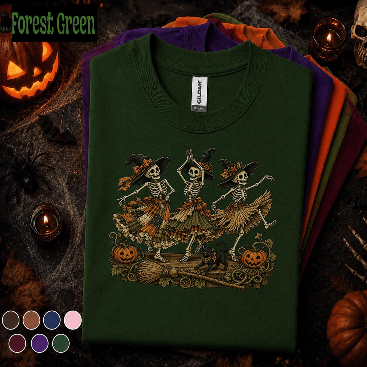 Dancing Skeleton Witch Halloween Shirt, Spooky Season T Shirt, Vintage Witchy Skeleton Tee, Pumpkin Black Cat, Gothic Fall Gift
