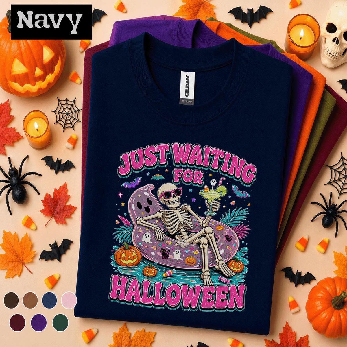 Just Waiting for Halloween Shirt, Funny Skeleton Pool Float Tee, Spooky Summer Halloween Shirt, Pink Halloween Skeleton Gift