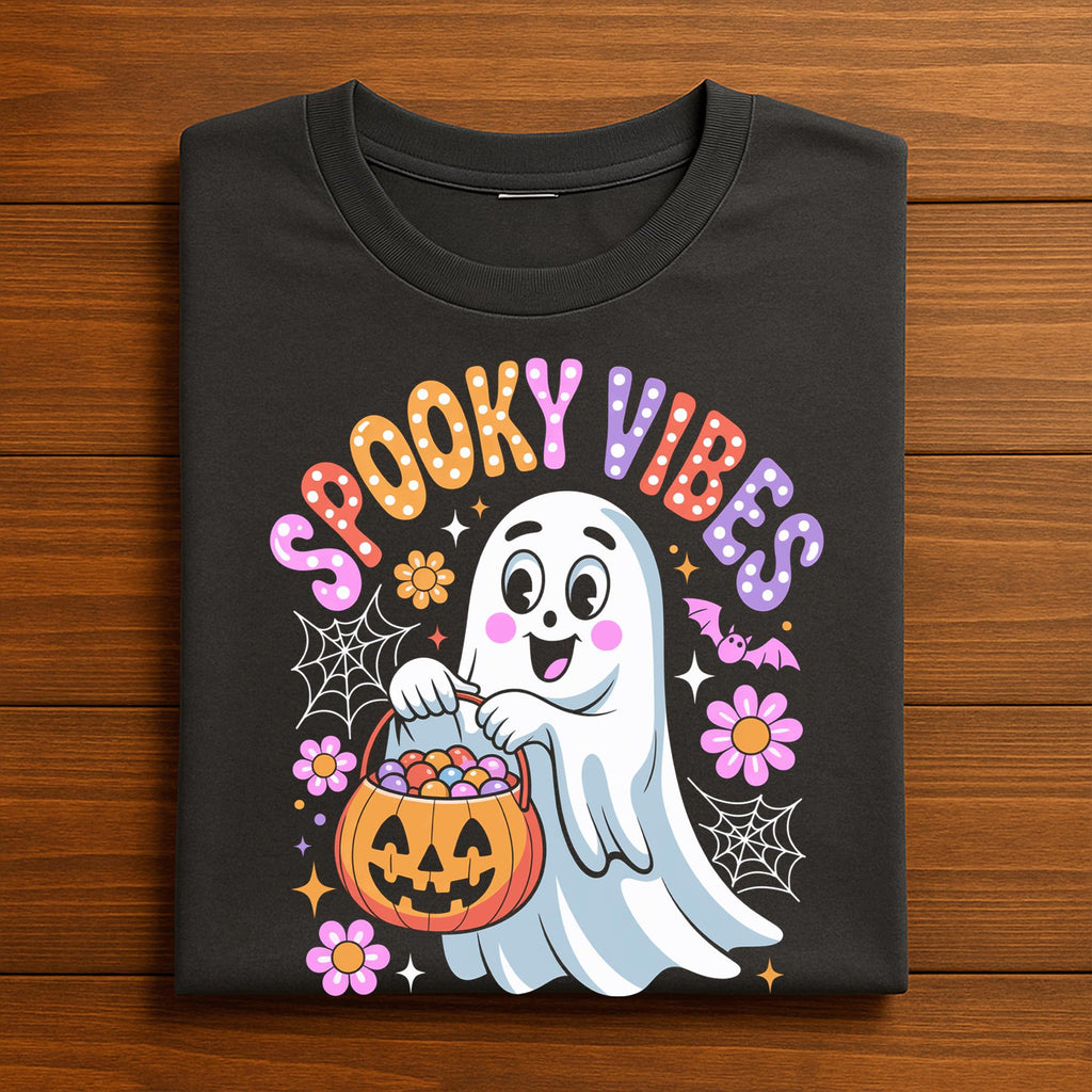 Spooky Vibes Shirt, Cute Halloween Tee, Candy Bucket Ghost T-Shirt, Fun Spooky Season Shirt, Spooky Vibes Sweatshirt, Women Halloween Gift