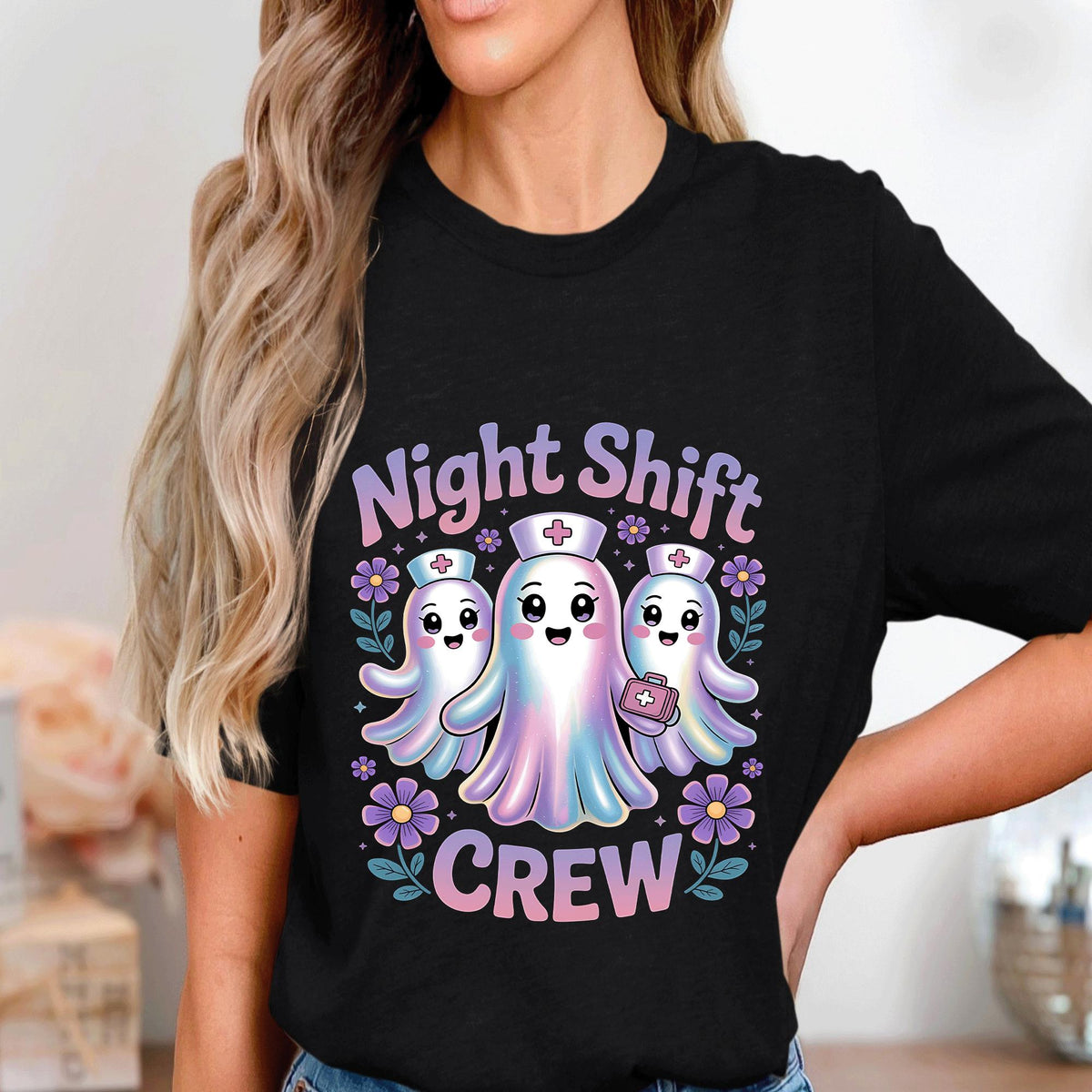 Night Shift Crew Nurse Shirt, Cute Ghost Halloween Nurse Tee Flowers, Spooky Medical Night Shift T-Shirt For Healthcare Workers Sweatshirt