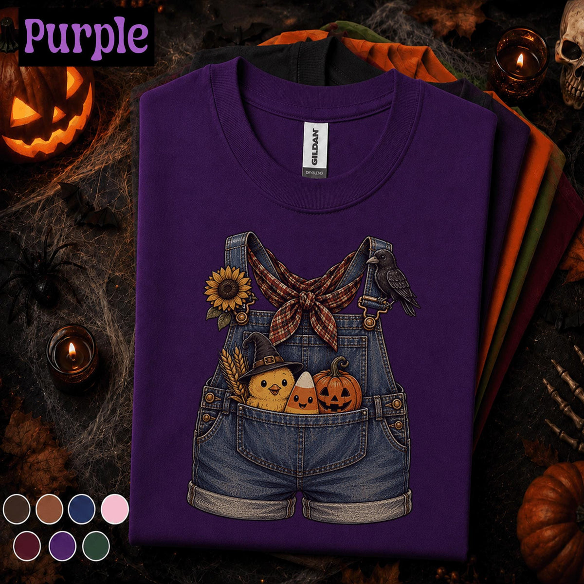 Cute Halloween Overalls Shirt, Pumpkin Candy Corn Chick Tee, Fall Farm Girl, Spooky Crow Sunflower Shirt, Autumn Country Gift