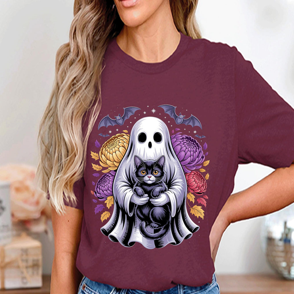 Ghost Black Cat Shirt, Halloween Spooky Floral Bat Tee, Haunted Cute Spirit, Cat Halloween Shirt Girl, Halloween Cat Sweatshirt For Women