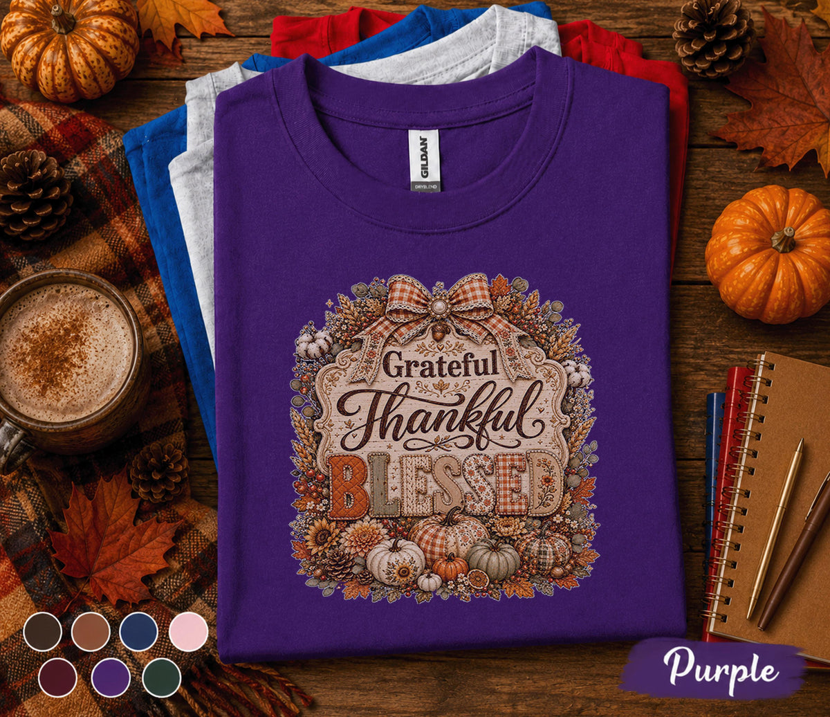 Grateful Thankful Blessed Shirt, Thanksgiving Pumpkin Tee, Cozy Autumn Sweatshirt, Rustic Fall Harvest Shirt, Plaid Bow Pumpkin Gift Women