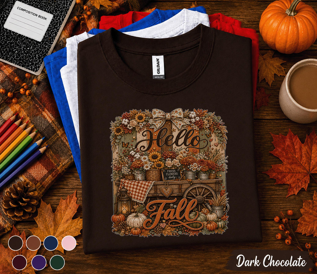 Hello Fall Shirt, Autumn Floral Wagon Tee, Pumpkin Harvest Shirt, Cozy Farmhouse Fall T-Shirt, Thanksgiving Gift for Her, Country Autumn