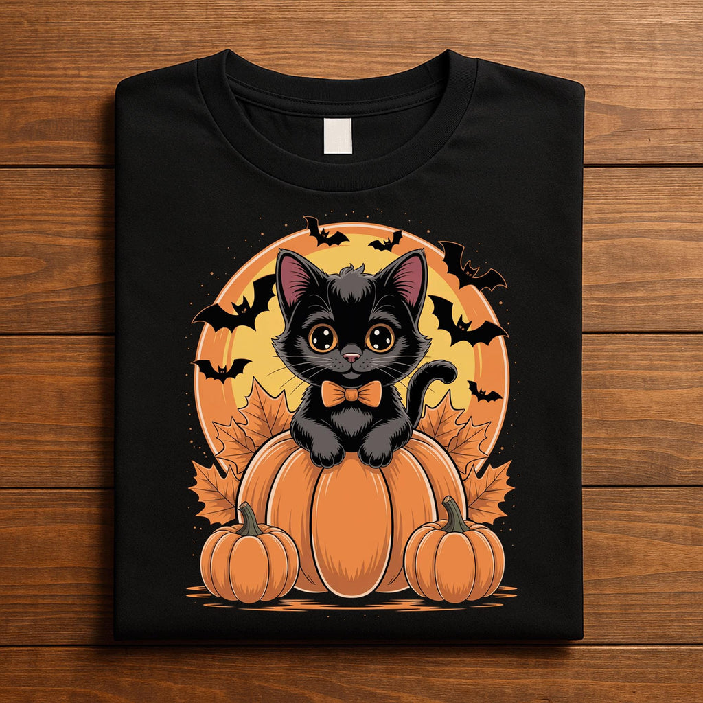 Cute Black Kitten on Pumpkin Shirt with Bats and Full Moon, Spooky Halloween Cat Lover Tee