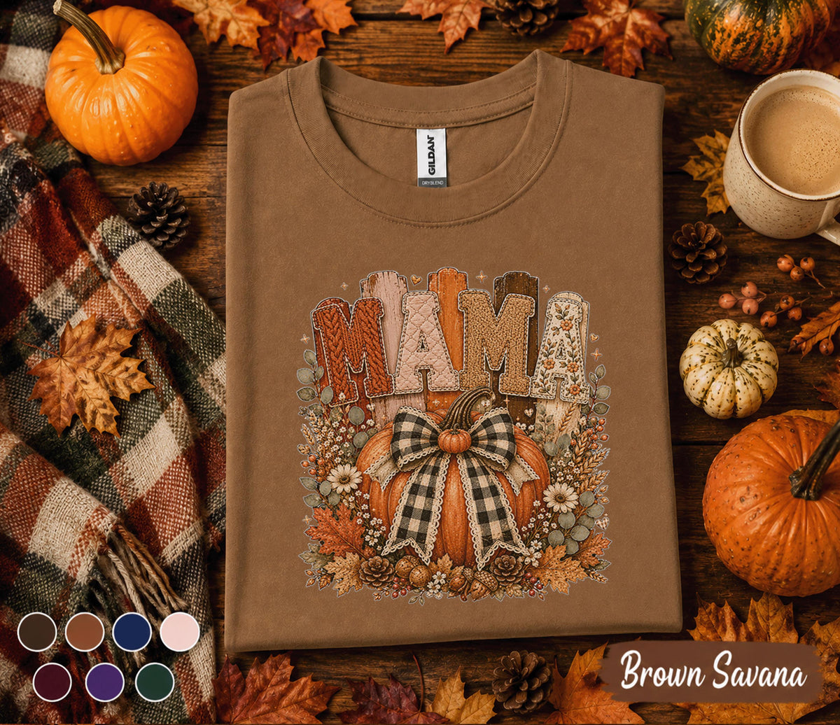 Mama Fall Shirt, Cozy Pumpkin Mama Sweatshirt, Autumn Harvest Floral Tee, Thanksgiving Mom Gift, Cute Rustic Pumpkin Bow Shirt for Women