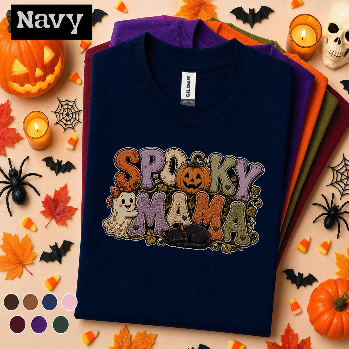 Spooky Mama Halloween Shirt, Cute Ghost Pumpkin Cat Tee, Retro Halloween Mom Shirt, Cozy Fall Spooky Season Gift for Mom
