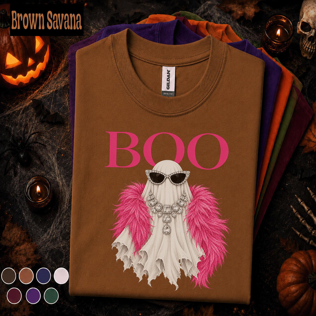 Boo Ghost Halloween Shirt, Pink Glam Ghost Tee, Girly Spooky Season Shirt, Rhinestone Fashion Ghost, Cute Halloween Gift for Women
