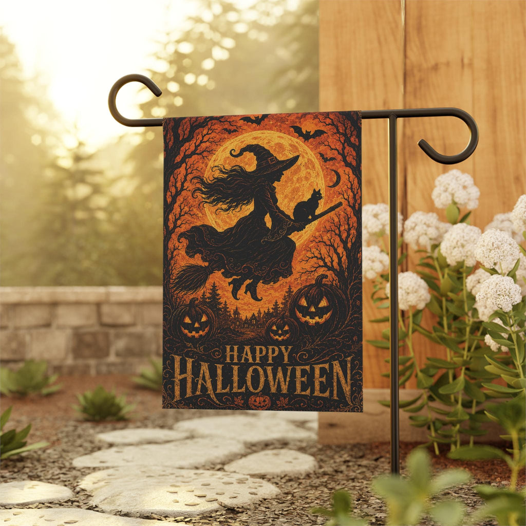 Witch Halloween Garden Flag, Flying Witch Full Moon Yard Decor, Black Cat Pumpkin Flag, Vintage Spooky Halloween Outdoor Porch Decoration