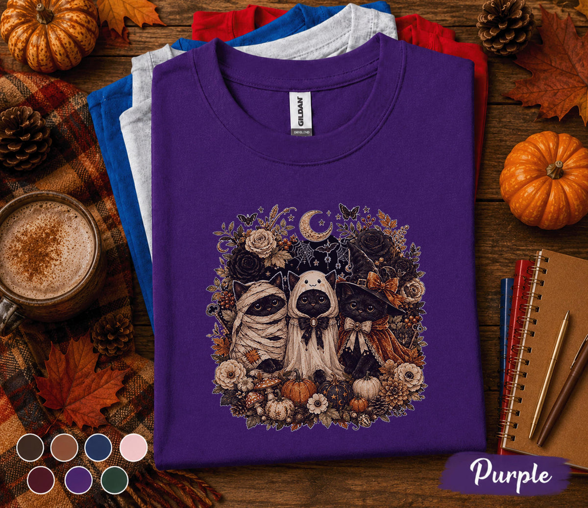 Cute Halloween Black Cat Shirt, Spooky Ghost Kitty Witch Tee, Autumn Pumpkin Cat Lover T-Shirt, Cute Fall Costume Gift for Women