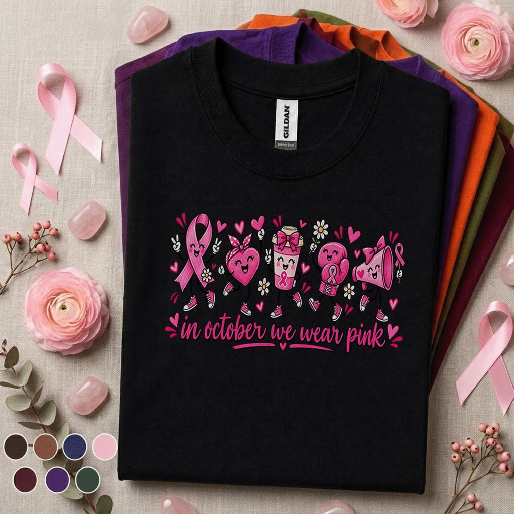 Breast Cancer Awareness Shirt, In October We Wear Pink Tee, Cute Pink Ribbon Characters Shirt, Survivor Fighter Support Gift for Women