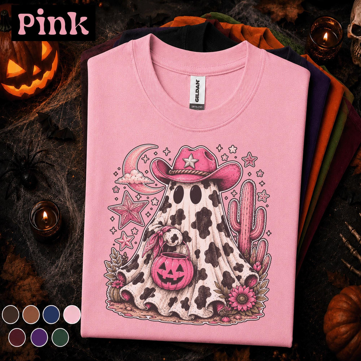 Pink Cowgirl Ghost Halloween Shirt, Western Spooky Season Tee, Cow Print Ghost T Shirt, Cowboy Halloween Gift for Her