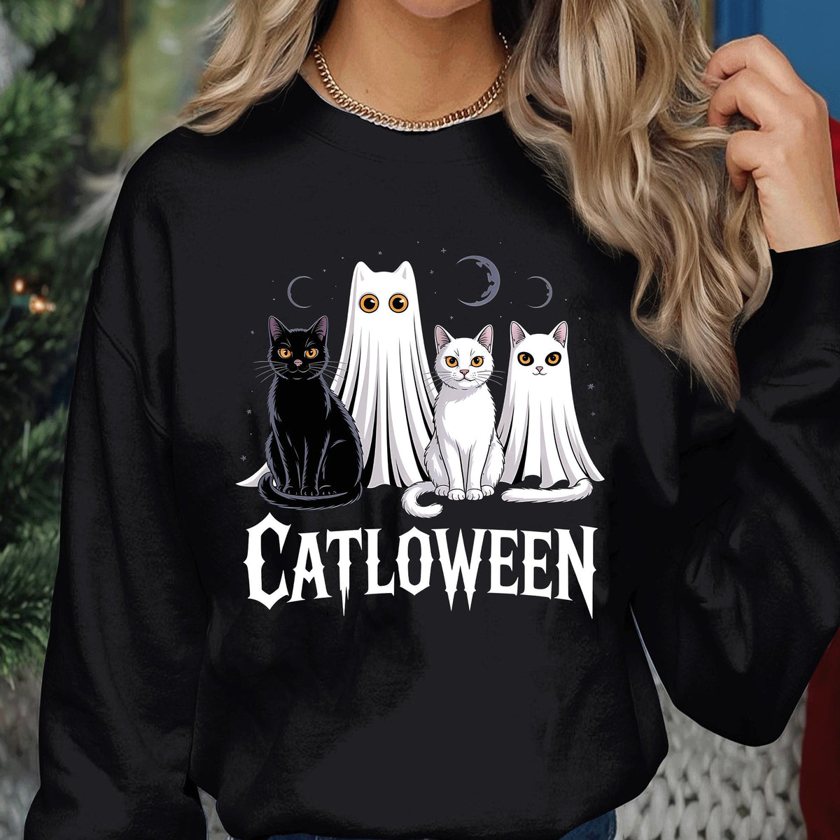 Catloween Shirt with Black Cat and Ghost Cats Sweatshirt, Cute Spooky Cat Lover Halloween Tee, Haunted Cat Costume Top, Cat Halloween Shirt