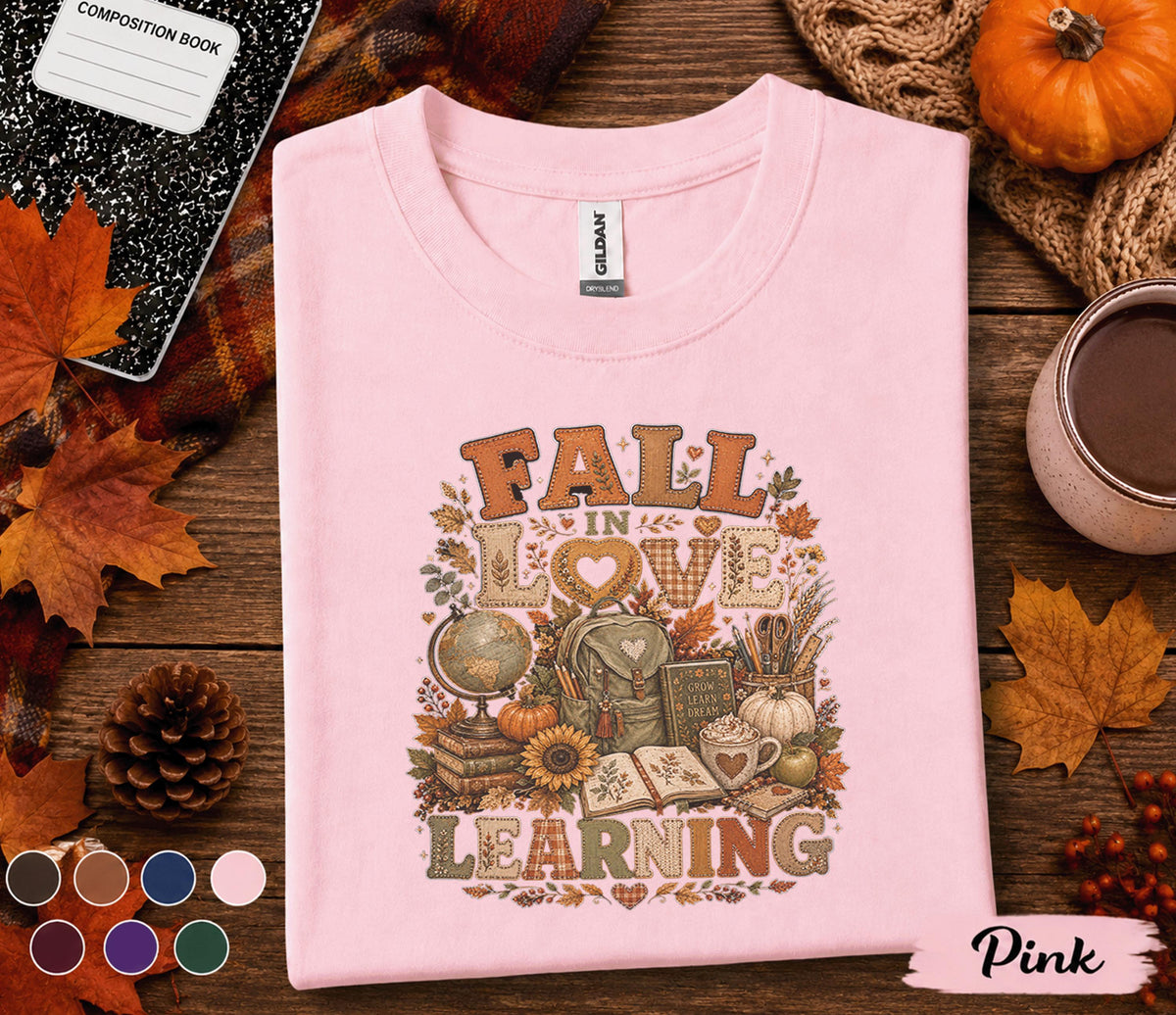 Fall in Love with Learning Shirt, Autumn Teacher Pumpkin Tee, Cozy Classroom T-Shirt, Back to School Teacher, Thanksgiving Educator Outfit