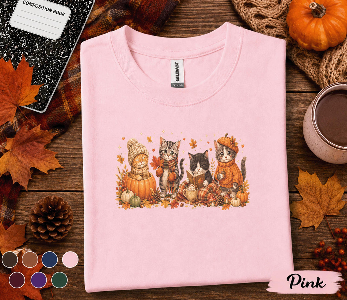 Cute Fall Cats Shirt, Autumn Kitten Pumpkin Tee, Cozy Thanksgiving Cat Lover Gift, Pumpkin Spice Season Unisex T-Shirt