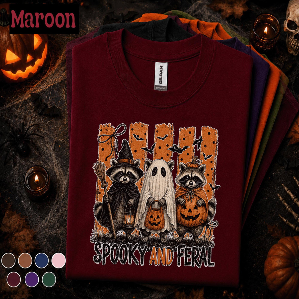 Spooky and Feral Halloween Shirt, Raccoon Ghost Tee, Funny Trash Panda Halloween T Shirt, Witchy Raccoon Spooky Season Fall Gift