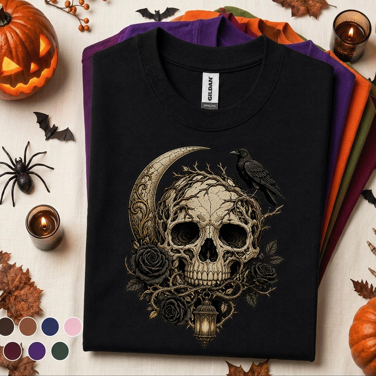 Gothic Skull Halloween Shirt, Raven Crescent Moon Tee, Dark Floral Skeleton Shirt, Spooky Witchy Tee, Gothic Halloween Gift