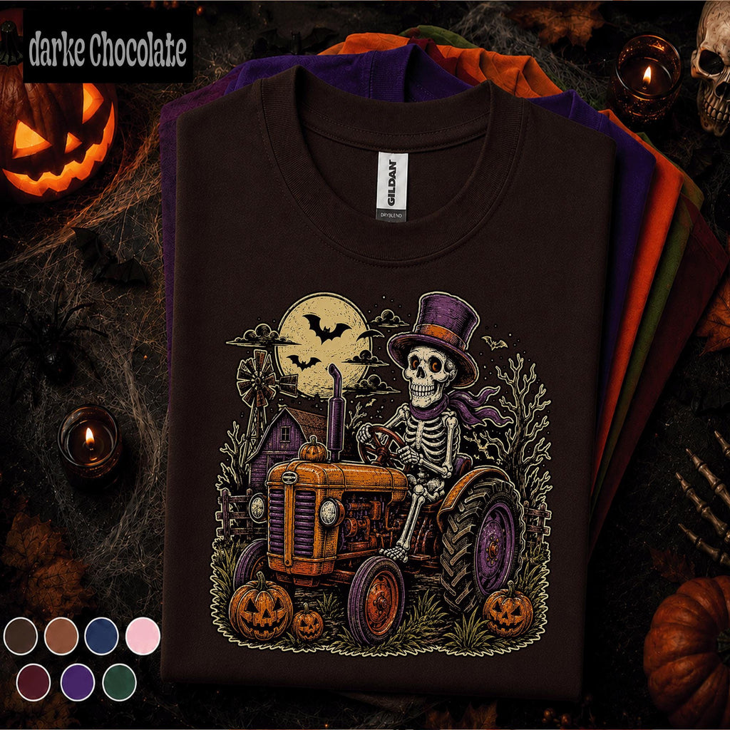 Skeleton Farmer Halloween Shirt, Spooky Tractor Tee, Vintage Farm Halloween T Shirt, Pumpkin Farmer Gift, Gothic Country Tee