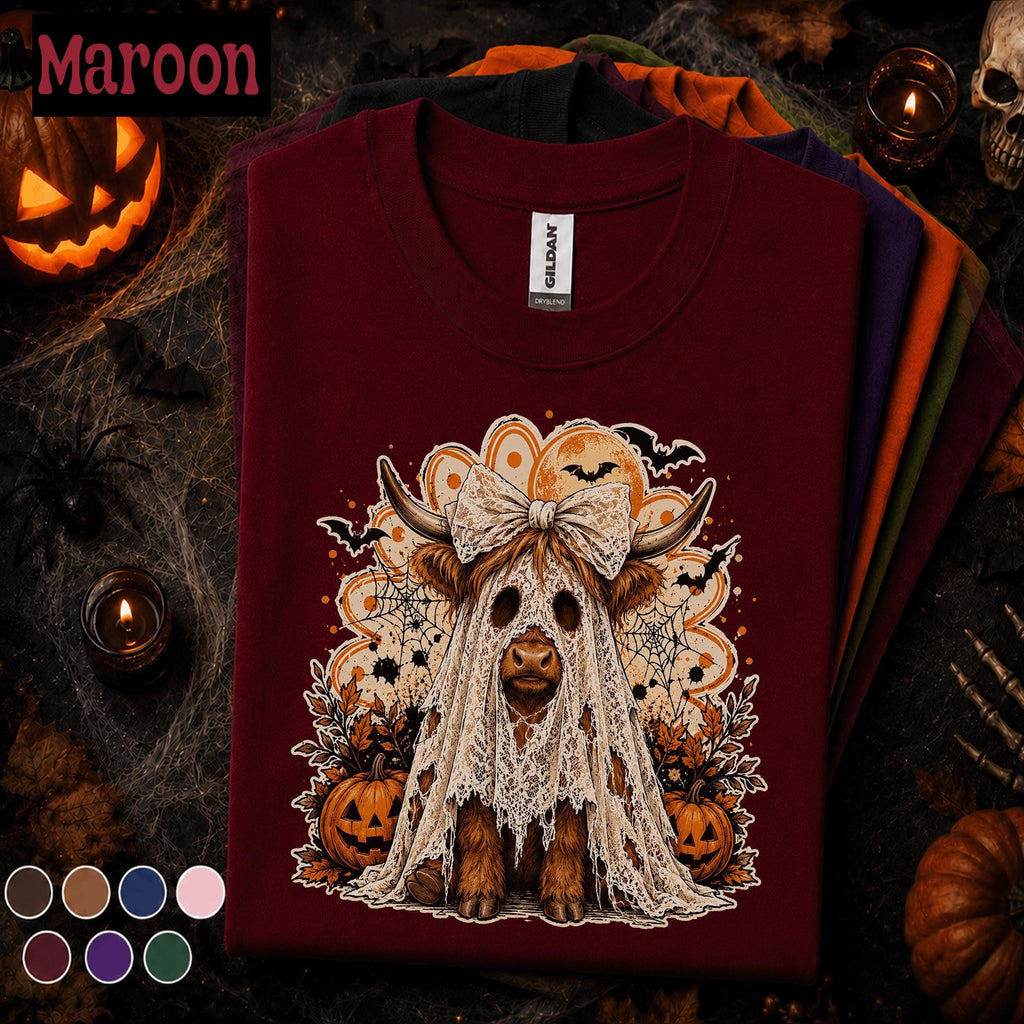 Highland Cow Halloween Shirt, Ghost Costume Cow Tee, Cute Spooky Season Tshirt, Pumpkin Fall Tee, Farmhouse Halloween Gift