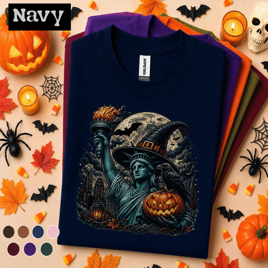 Statue of Liberty Halloween Shirt, Witch Hat T Shirt, Spooky New York Tee, Pumpkin Gothic Shirt, NYC Halloween Gift Tee