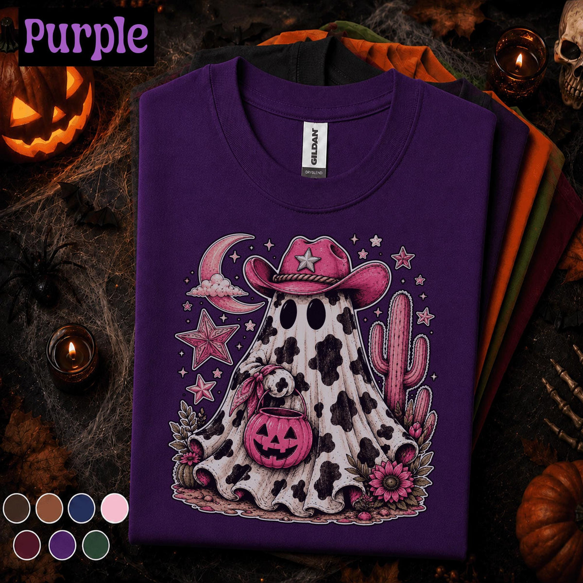 Pink Cowgirl Ghost Halloween Shirt, Western Spooky Season Tee, Cow Print Ghost T Shirt, Cowboy Halloween Gift for Her