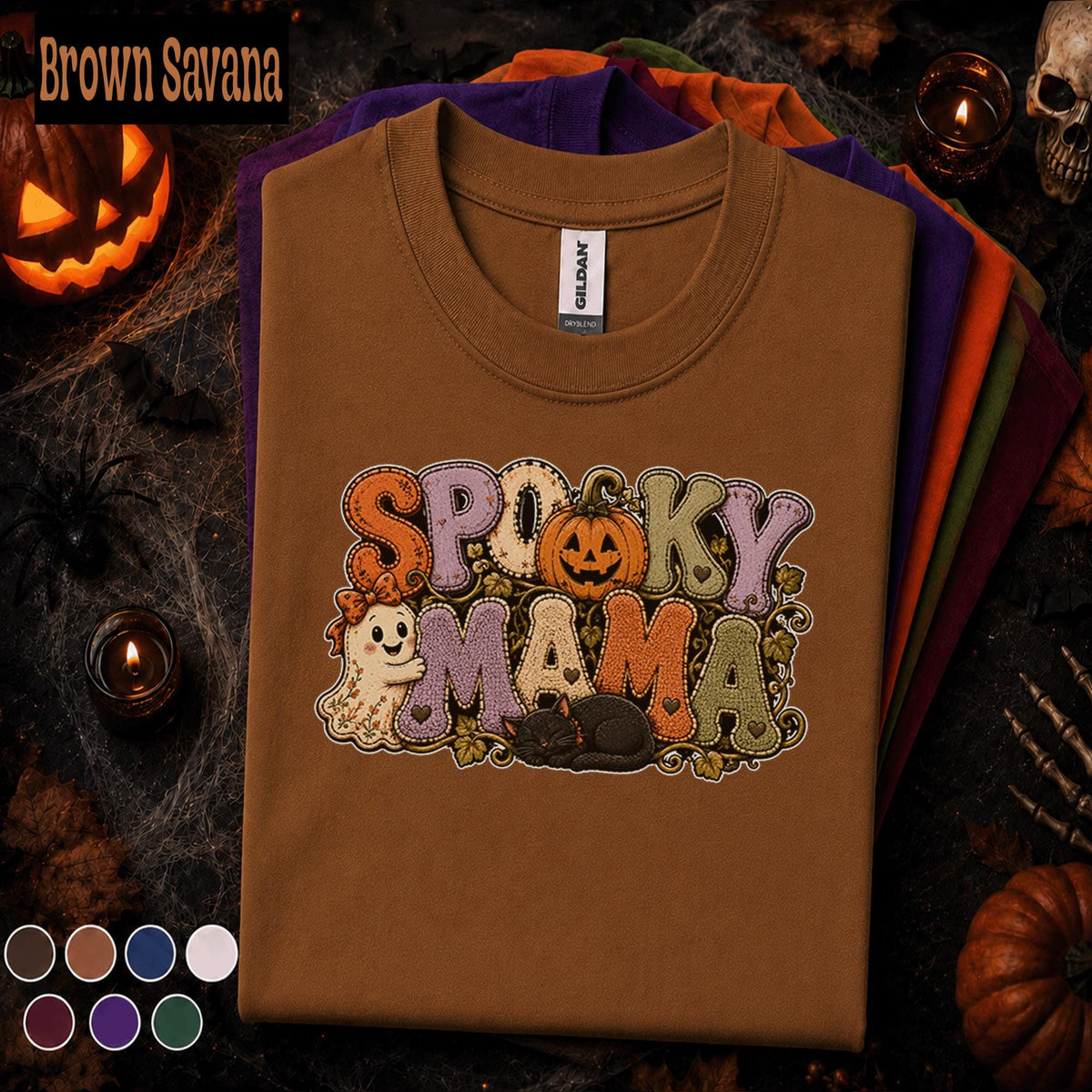 Spooky Mama Halloween Shirt, Cute Ghost Pumpkin Cat Tee, Retro Halloween Mom Shirt, Cozy Fall Spooky Season Gift for Mom