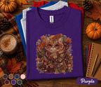 Cute Fall Cat Shirt, Cozy Autumn Kitten with Leaf Glasses Tee, Cottagecore Cat Lover T-Shirt, Pumpkin Season Thanksgiving Gift