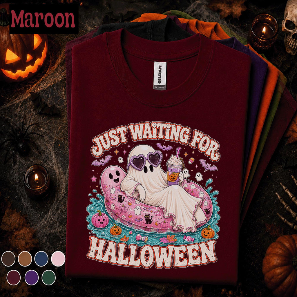 Just Waiting for Halloween Shirt, Cute Ghost Pool Float Tee, Pink Spooky Season, Funny Halloween Party Gift, Retro Ghost T Shirt